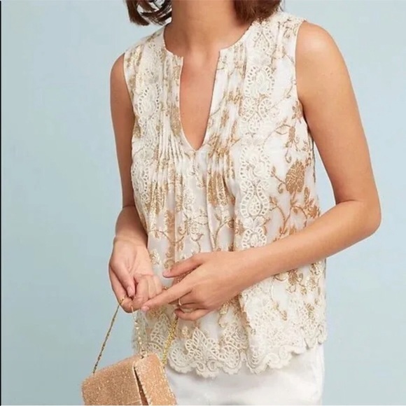 Anthropologie Moulinette Soeurs Skylar Gold Metallic Pleated Blouse Size 8 - Picture 2 of 9